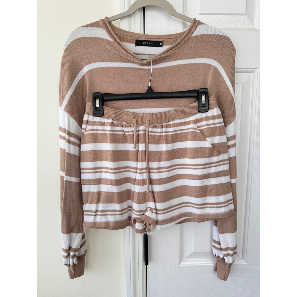 ZESICA Striped Knit Sweater Shorts Set Loungewear Tan‎ White M